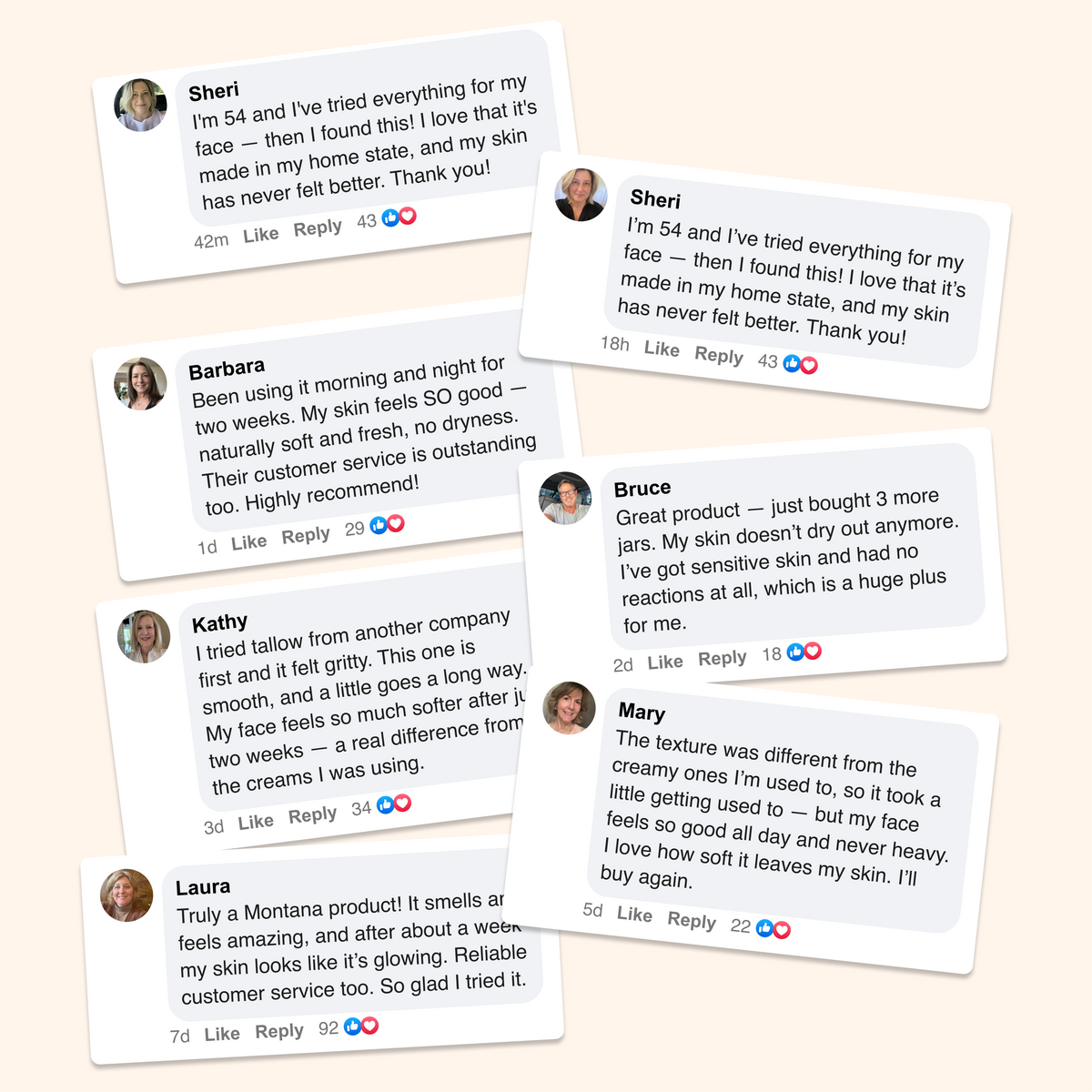 Comment collage: skincare testimonials from Sheri, Barbara, Bruce, Kathy, Mary, and Laura praising Glacier Naturals Face Balm — soft, smooth, no dryness