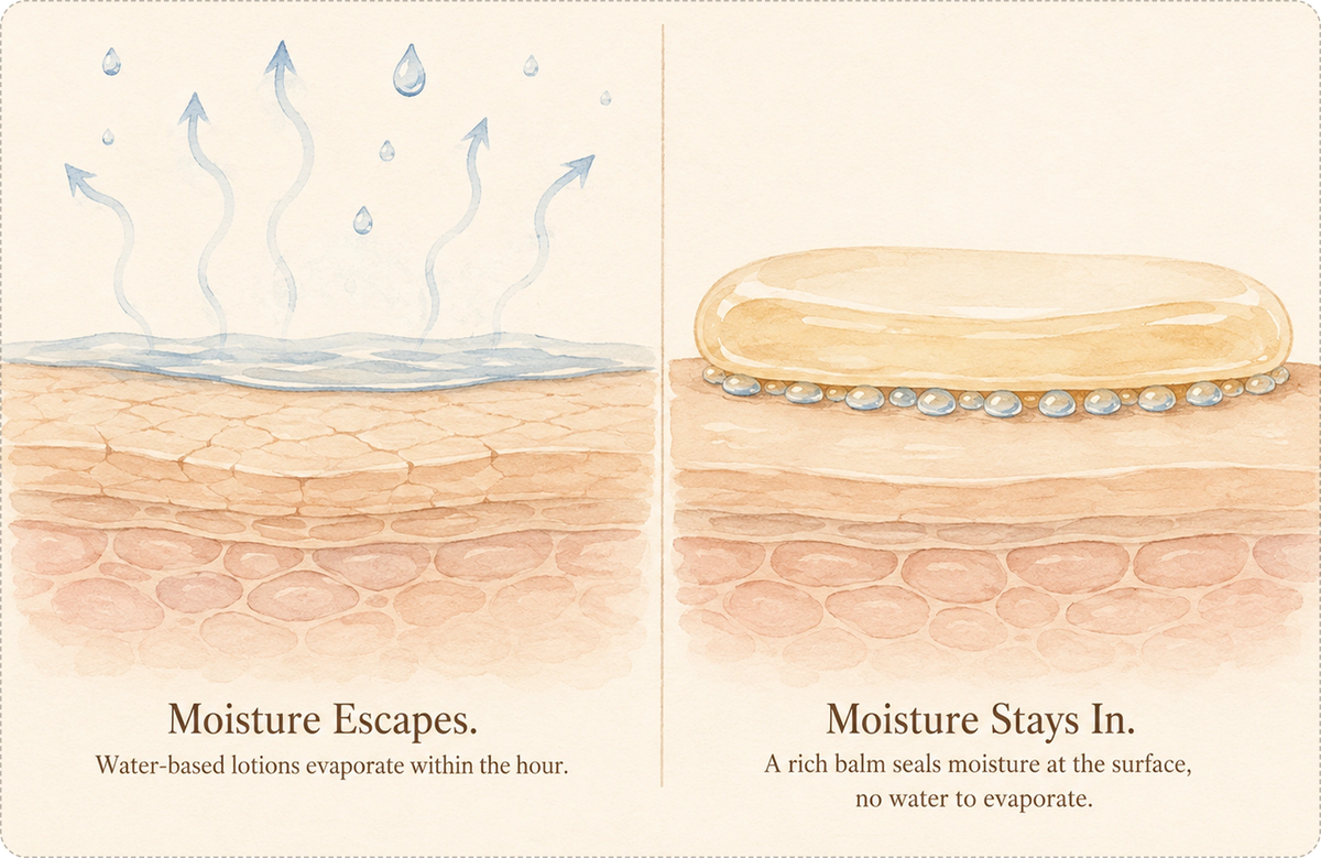 Diagram: Moisture Escapes vs Moisture Stays In — water-based lotions evaporate within the hour, a rich balm seals moisture at the surface