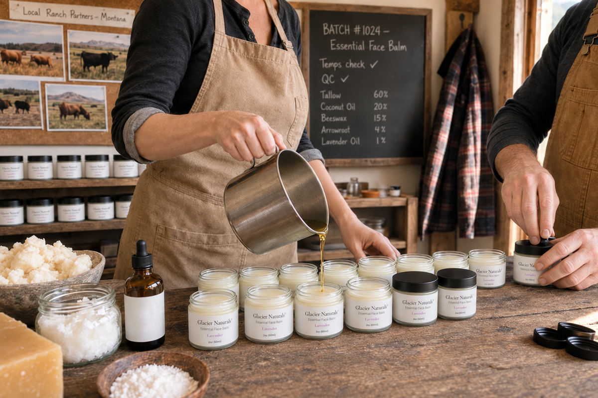 Hand-pouring a small batch of Glacier Naturals Essential Face Balm in the Whitefish, Montana workshop