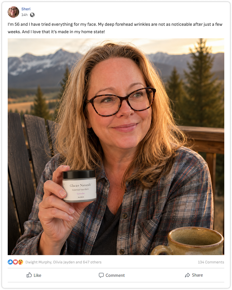 Facebook post from Sheri, 14h: I'm 56 and I have tried everything for my face. My deep forehead wrinkles are not as noticeable after just a few weeks. And I love that it's made in my home state!
